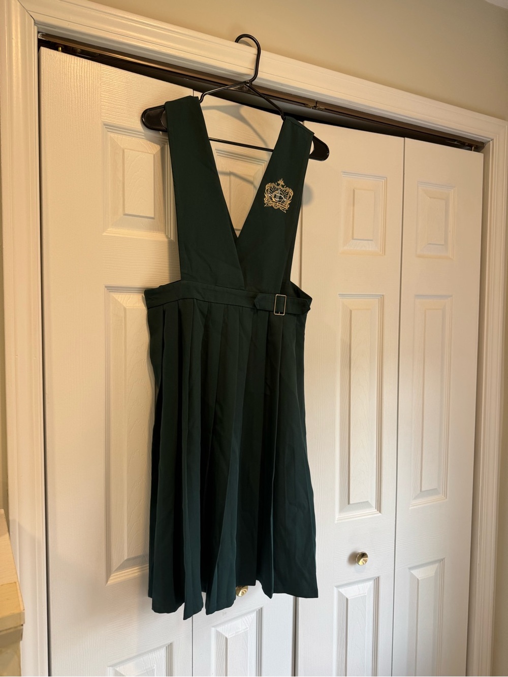 Dark Green Pinafore Dress with Crest Detail